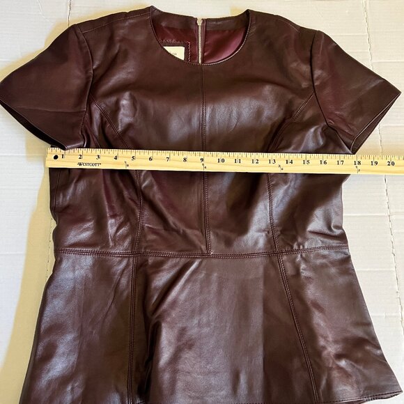 Neiman Marcus Leather Peplum Top Shirt Wmn’s Burgundy Crewneck Rear Zipper | L - Picture 6 of 9